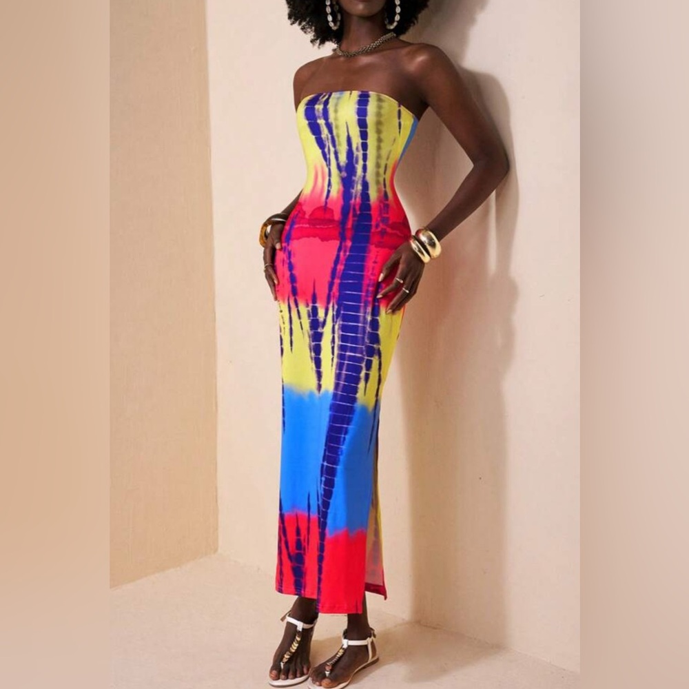 Strapless Colorful Multicolor Tie-Dye Stretch Maxi Dress w/ side splits